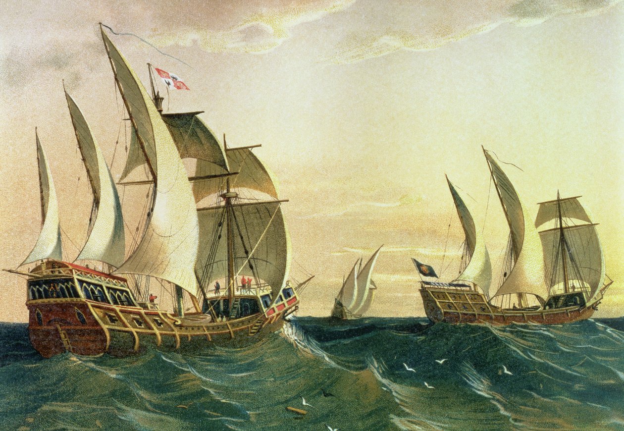 'Pinta', 'Nina' og 'Santa Maria' seilte mot Vestindia i 1492, fra The Discovery of America av Spanish School