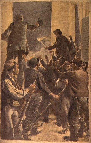 Proklamasjonen av det revolusjonære råd i rådhuset i Barcelona, 29. september 1868 (akvarell og blyant på papir) av Spanish School