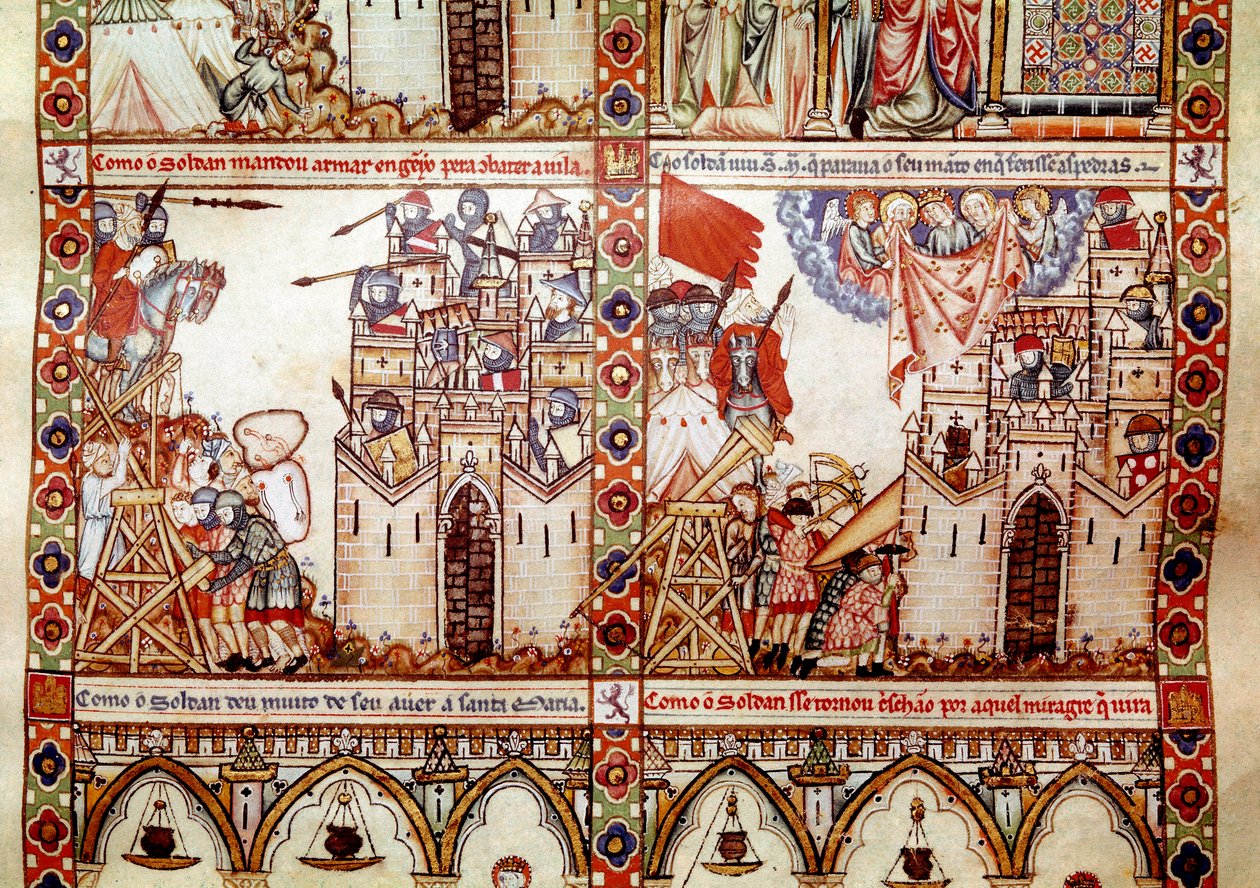 Saracenerne beleiret en kristen by. Detalj fra én side hentet fra et manuskript av Sangen om Sankt Maria (Cantigas de Santa Maria), dekorerte miniatyrer dedikert til Sankt Maria og hennes mirakler, en samling sanger gjenopprettet under Alfons rike. av Spanish School