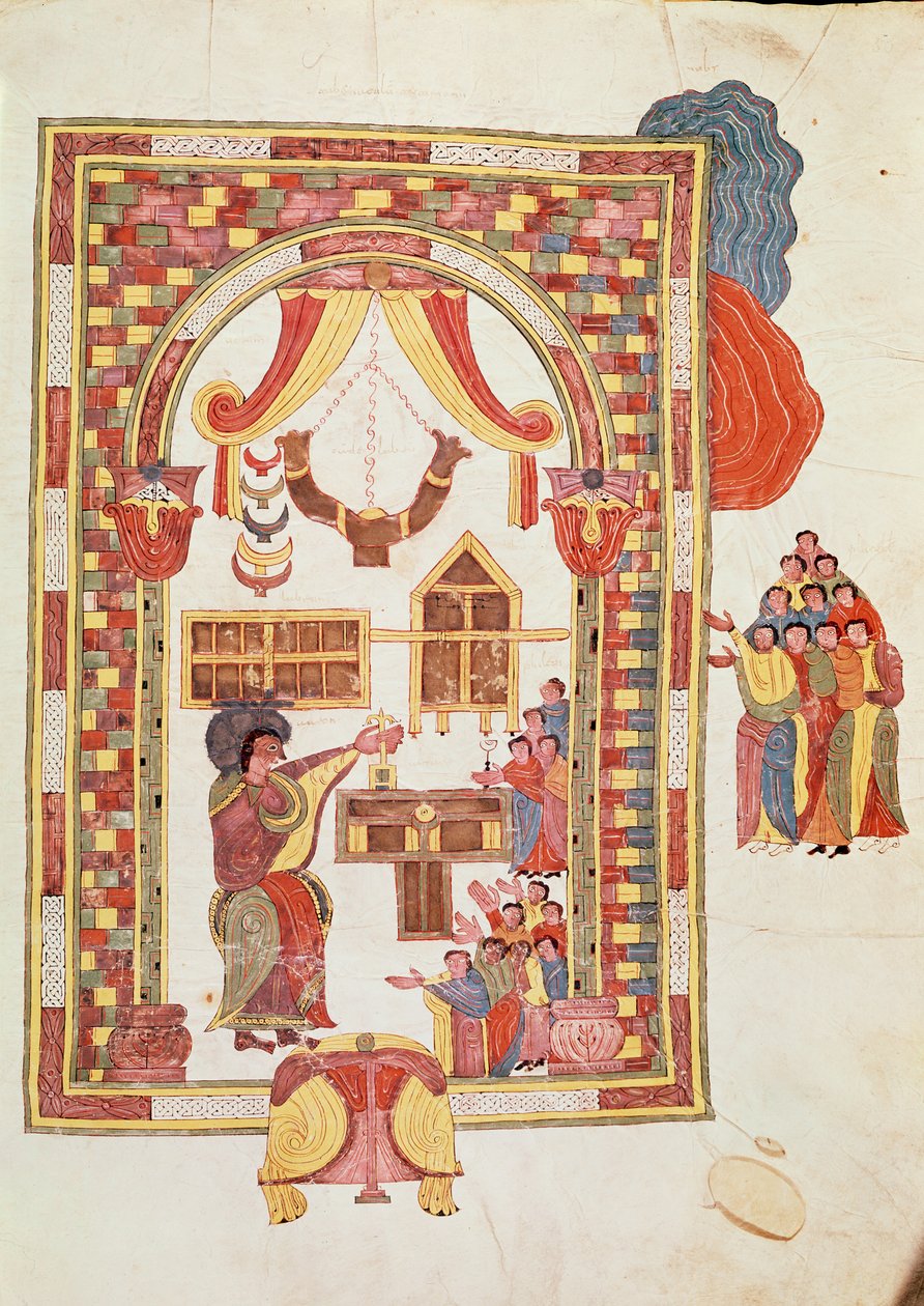 Jerusalems tempel, fra den visigotisk-mosarabiske bibelen til St. Isidores, fol.50r., 960 e.Kr. (tempera på vellum) av Spanish School