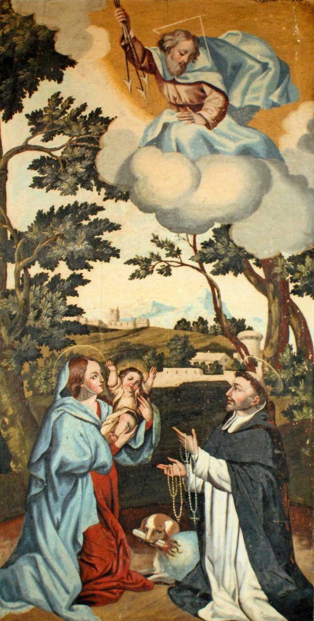 Jomfru Maria presenterer Jesus for St. Dominic (se også 308142) av Spanish School