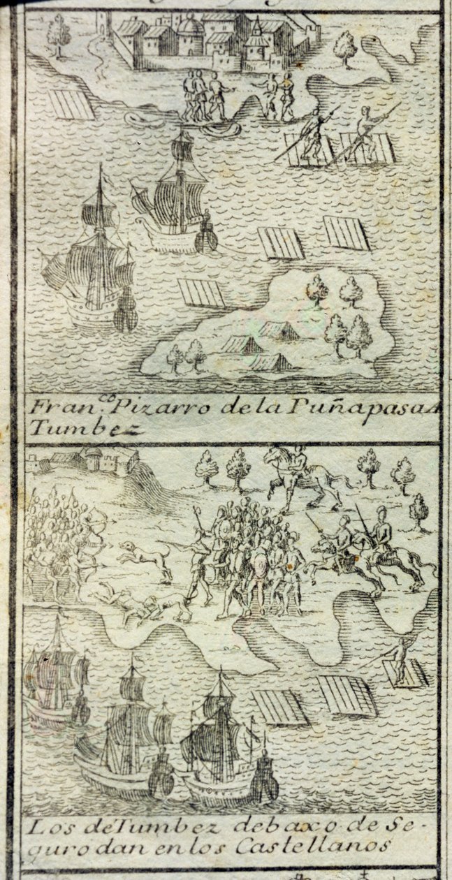 Ankomsten av Francisco Pizarro med 180 mann og tre skip til Tumbes av Spanish School