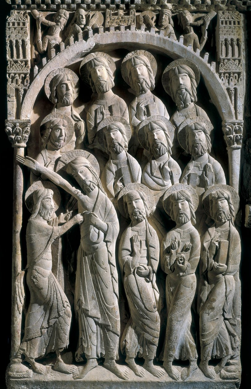 Vantroen til Saint Thomas. Skulptur laget av mesteren til Saint Dominic av Silos (1100-tallet). Relieff på stein av Spanish School