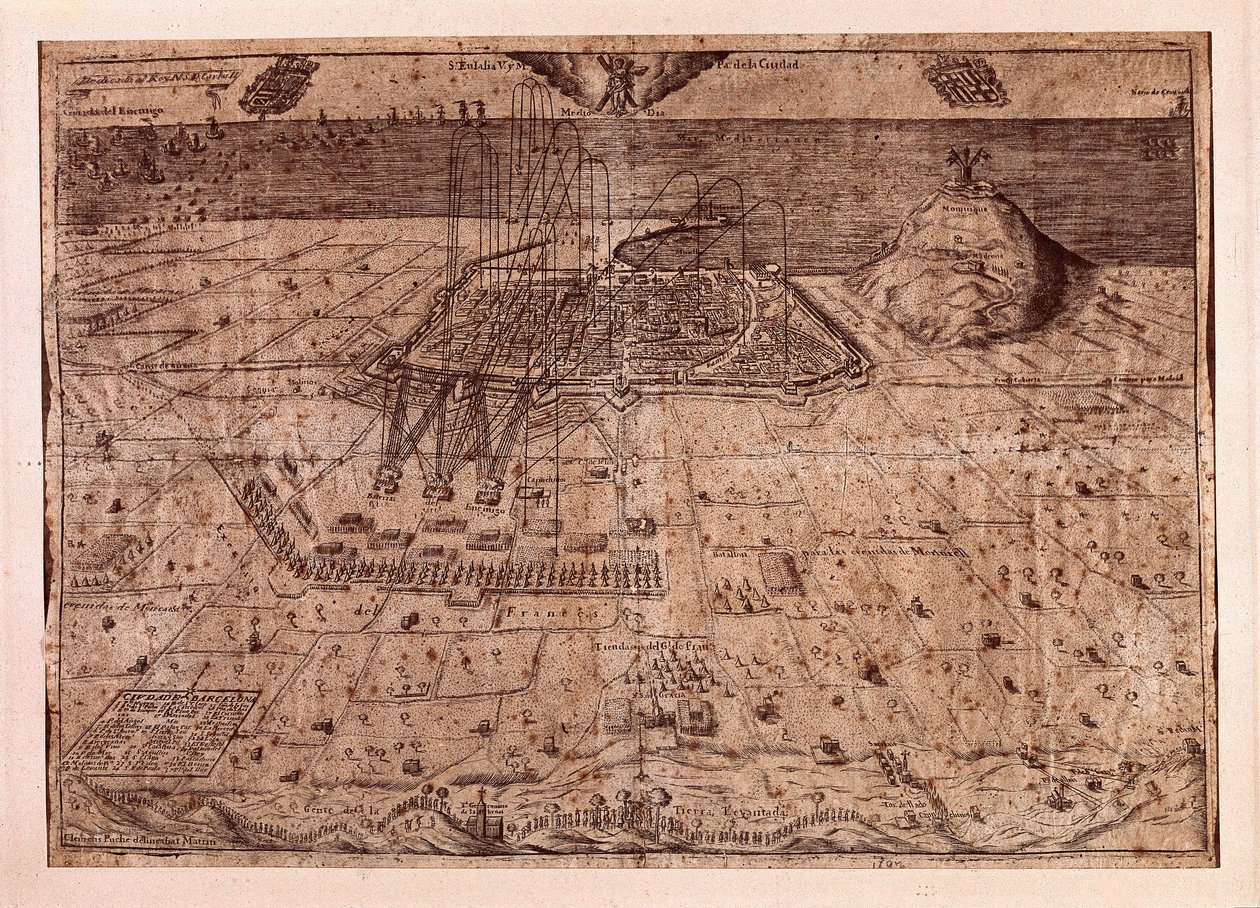 Opphevelsen av Catalonia eller høsternes krig (1640-1659), Barcelonas hovedkvarter til sjøs og land av troppene til Filip IV av Spania (1605-1665). Gravering 1652. Byhistorisk museum, Barcelona. av Spanish School