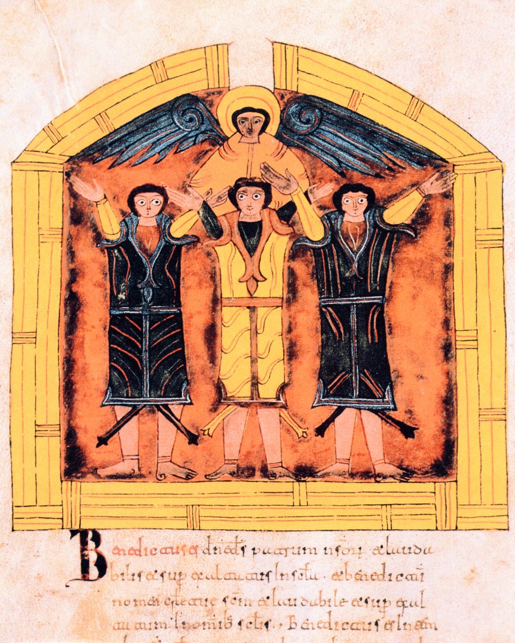 De tre hebreerne, Shadrak, Mesach og Abed-Nego kastet inn i ovnen av Nebukadnesar, fol.318v, fra den visigotisk-mosarabiske bibelen fra St. Isidore
