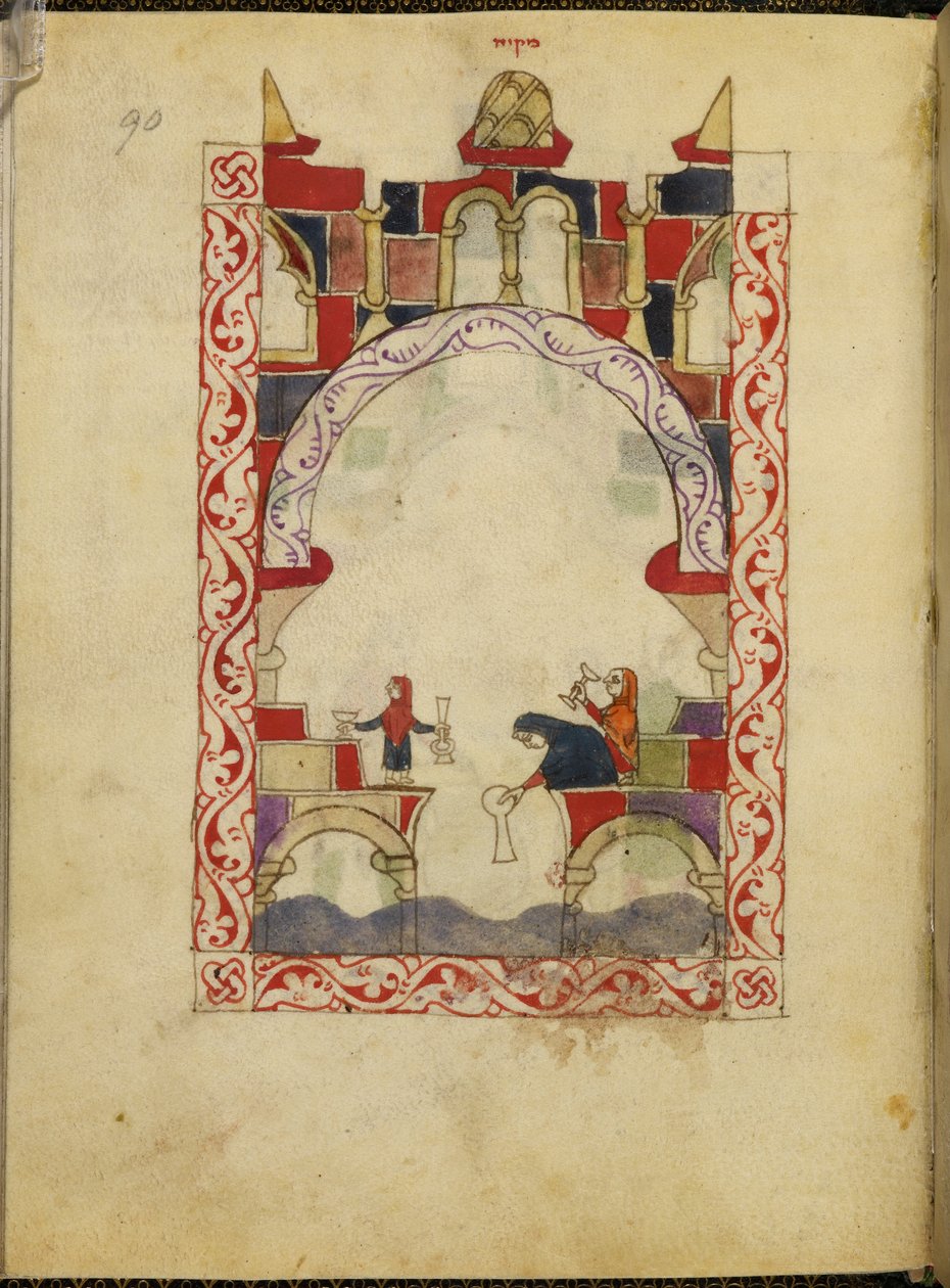 Tre kvinner senker kar i et basseng. Opplyst manuskript av en latinamerikansk-morsk haggadah, ca. 1300, Spania, Or. 2737, fol. 90 (vellum) av Spanish School