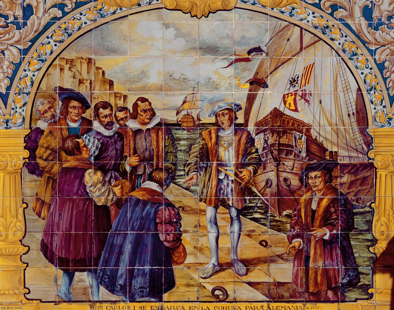 Fliser som viser kong Charles I av Spania som forbereder seg på å gå om bord i 1520 fra havnen i La Coruna for å akseptere valget hans til den hellige romerske keiseren (keramikk) av Spanish School