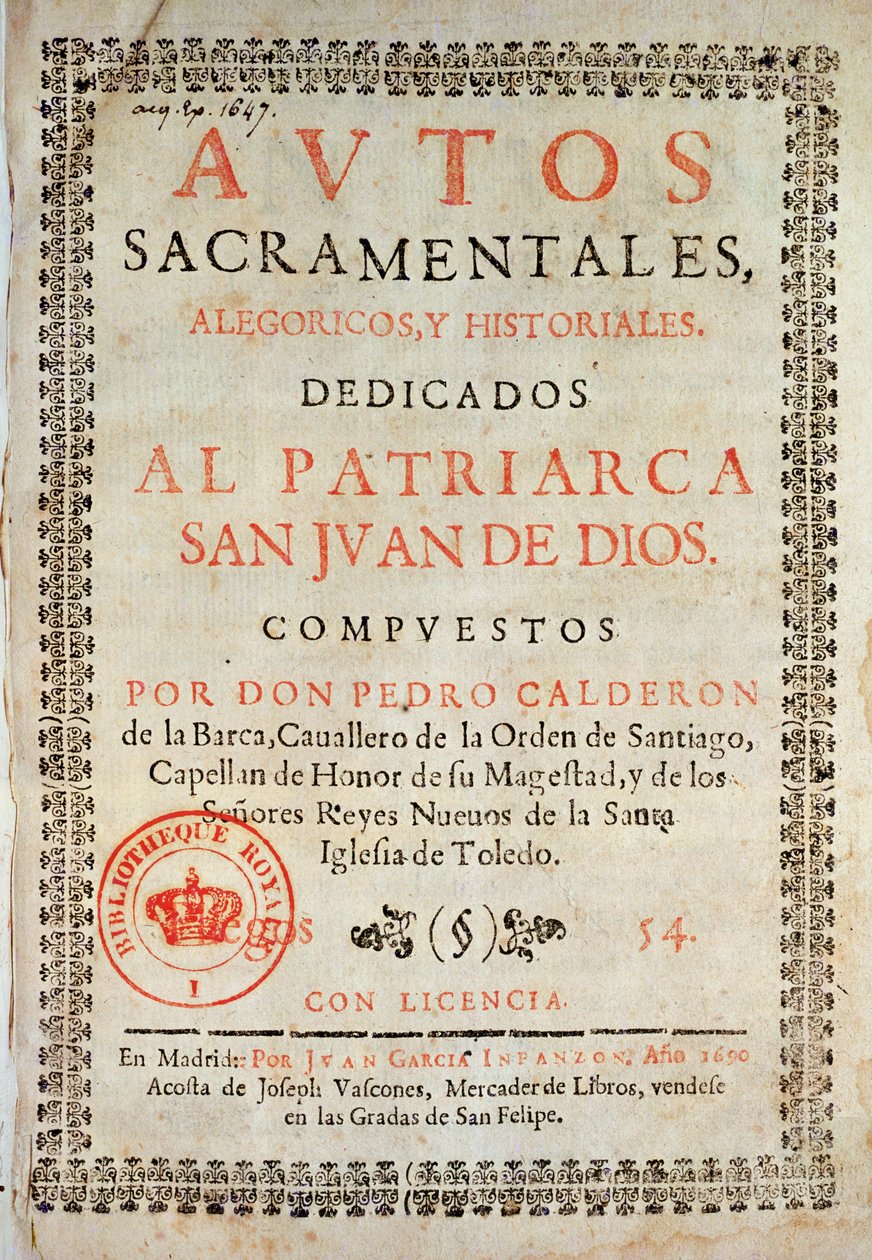 Tittelside fra Los Autos Sacramentales av Pedro Calderon de la Barca (1600-81) redigert av Juan Garcia Infanzon, 1690 (trykt papir) av Spanish School