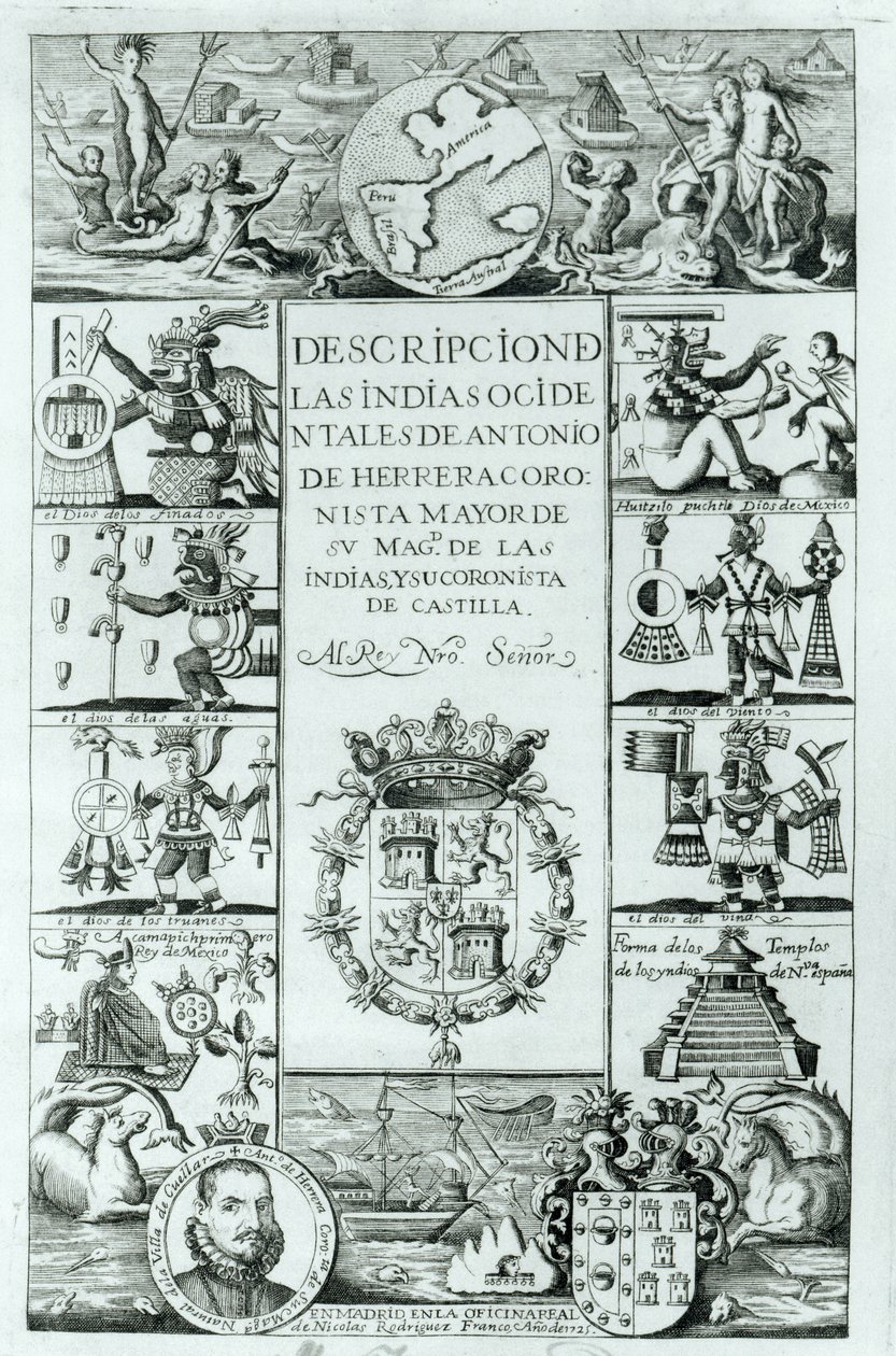 Tittelside til Beskrivelse av Vestindia av Antonio de Herrera y Tordesillas, Madrid-utgaven, 1725 av Spanish School