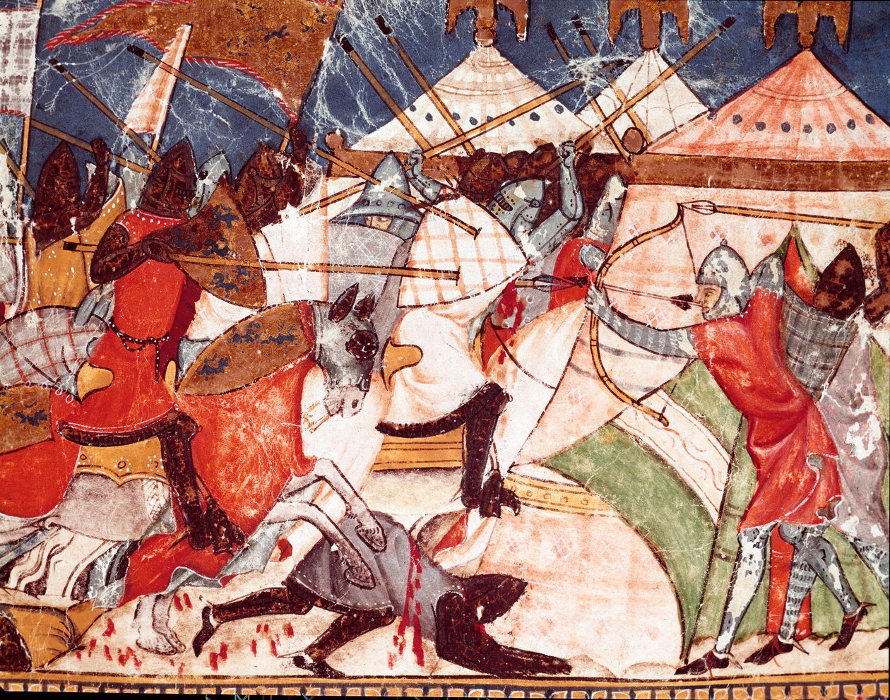 Trojanske krig: Trojanere invaderer militærleiren til greske krigere. Detalj av en miniatyr fra det spanske manuskriptet "Codex Benito de Santa Mora"" av Spanish School