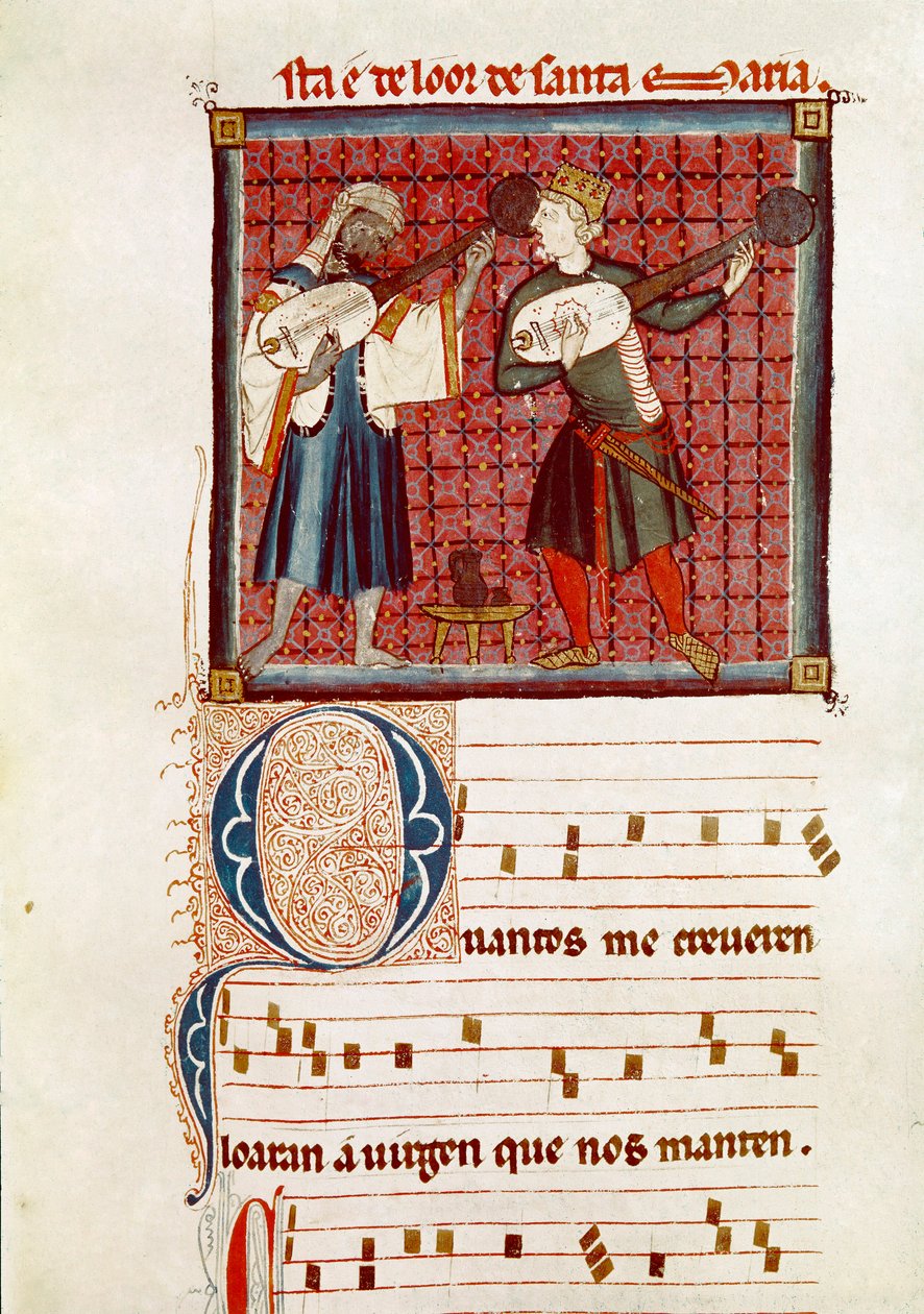 To musikere, en maurisk og den andre er spansk kristen. Detalj av en side hentet fra et manuskript av Sangen om Saint Mary av Spanish School