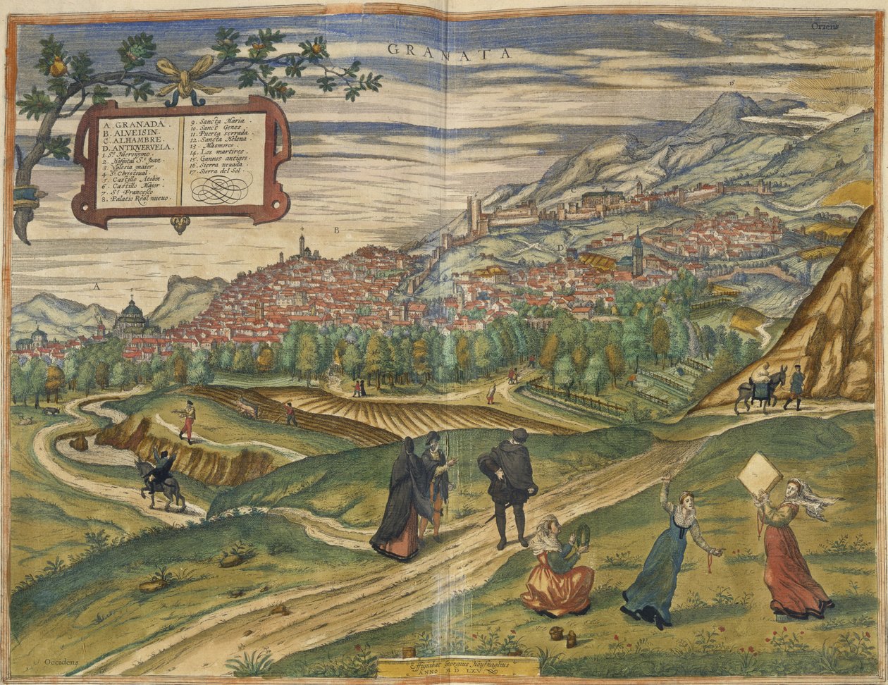 Utsikt over Granada (håndfarget gravering) av Spanish School