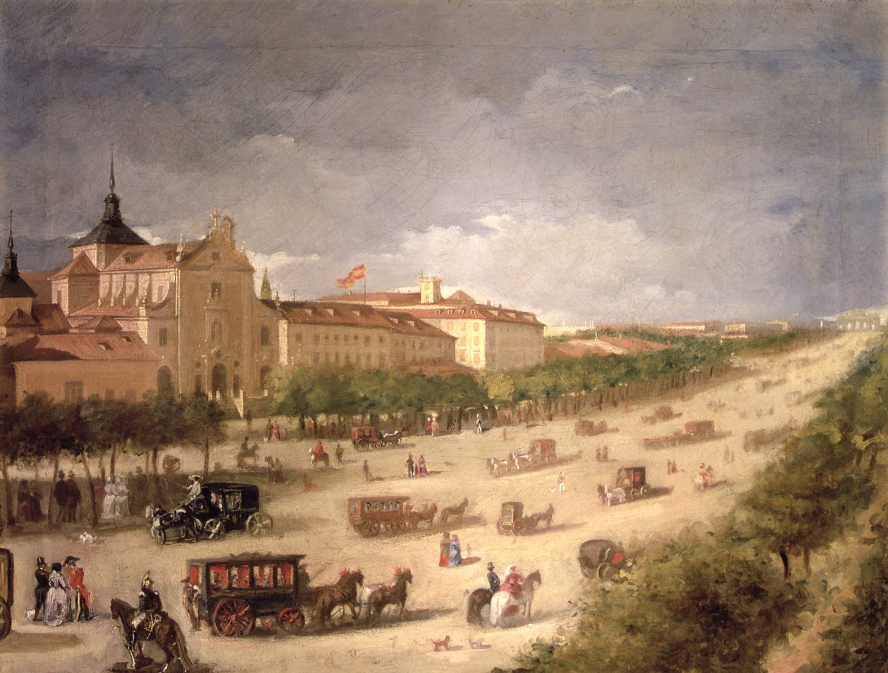 Utsikt over Calle de Alcala, Madrid (olje på lerret) av Spanish School