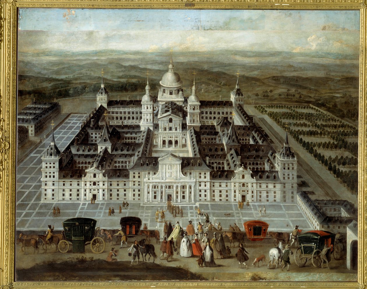 Utsikt over Escorial Palace i Spania bygget av Philip II på 1500-tallet. Anonymt spansk maleri fra 1600-tallet. Olje på lerret. Mål: 1,89 x 2,41 m. av Spanish School
