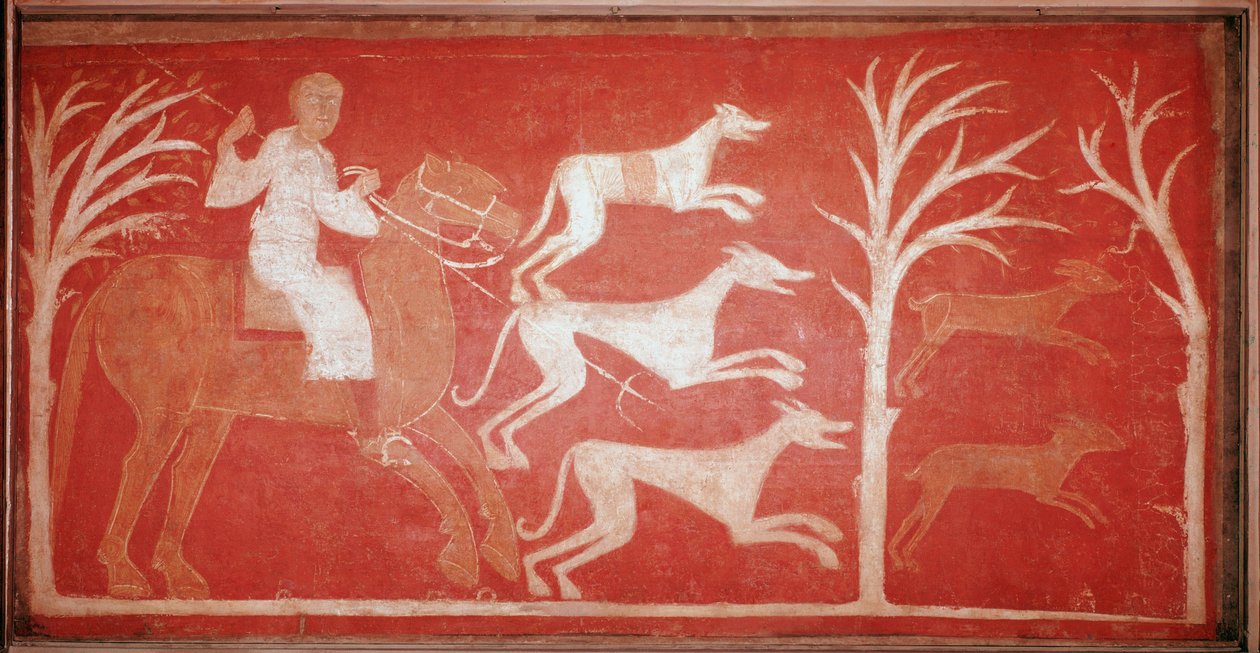 jaktscene som viser hunder som løper etter spill. 1150. Freske fra eremitasjen til Baudelio de Berlanga, Soria. Bevare på Prado-museet. av Spanish School
