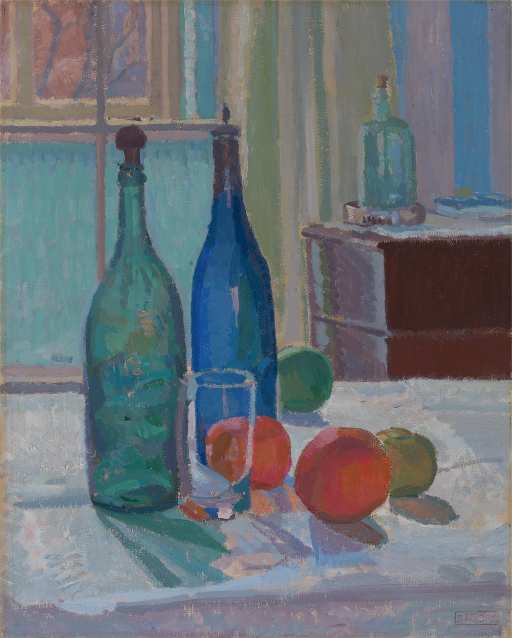 Blå og grønne flasker og appelsiner av Spencer Frederick Gore