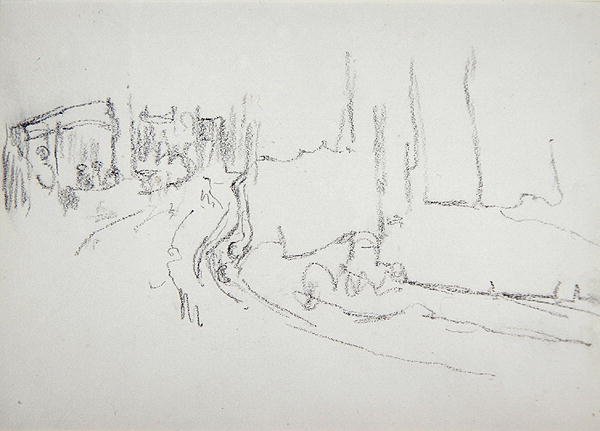 Interiør i et teater, for hulen til gullkalven (grafitt) (se 265062 for verso) av Spencer Frederick Gore