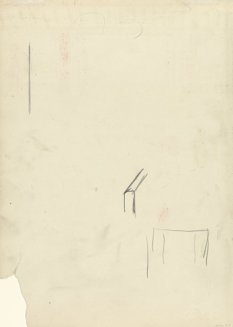 Blyantskisse av uidentifiserbar gjenstand, for hulen til gullkalven (grafitt) (se 265067 for recto) av Spencer Frederick Gore
