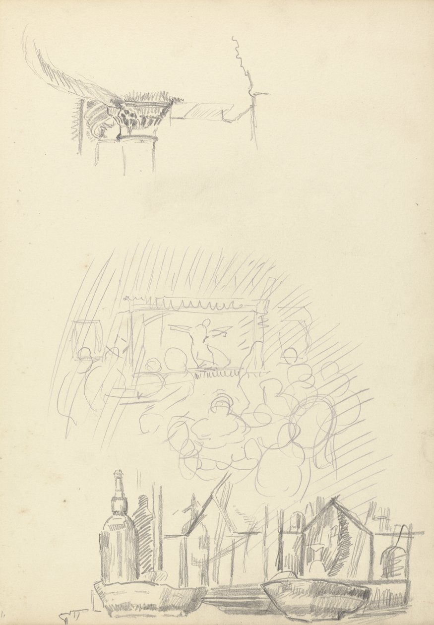 Skisser av en scene og bar, fra Cave of the Golden Calf (grafitt) (se 265063 for verso) av Spencer Frederick Gore