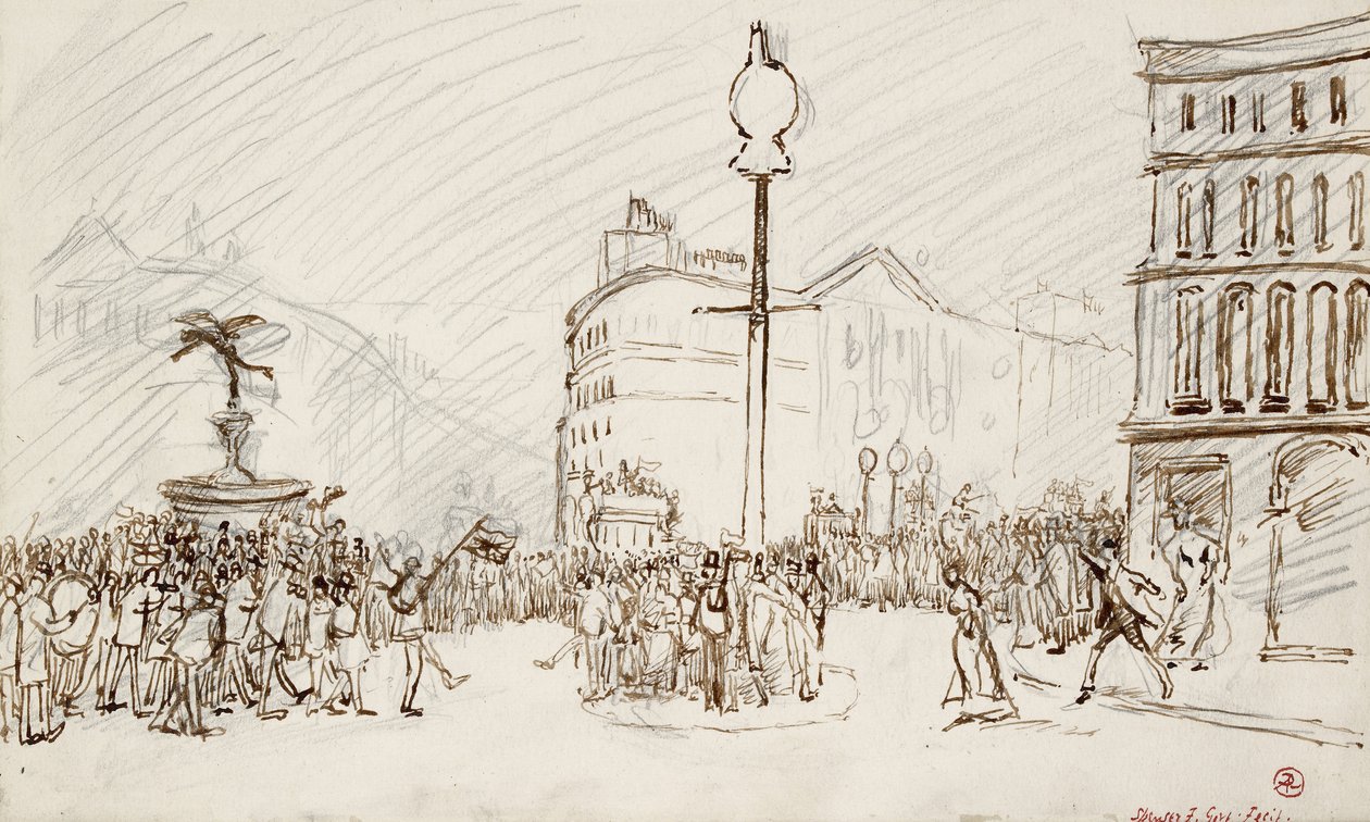 Gatescene - Piccadilly Circus (penn og brunt blekk og grafitt) av Spencer Frederick Gore
