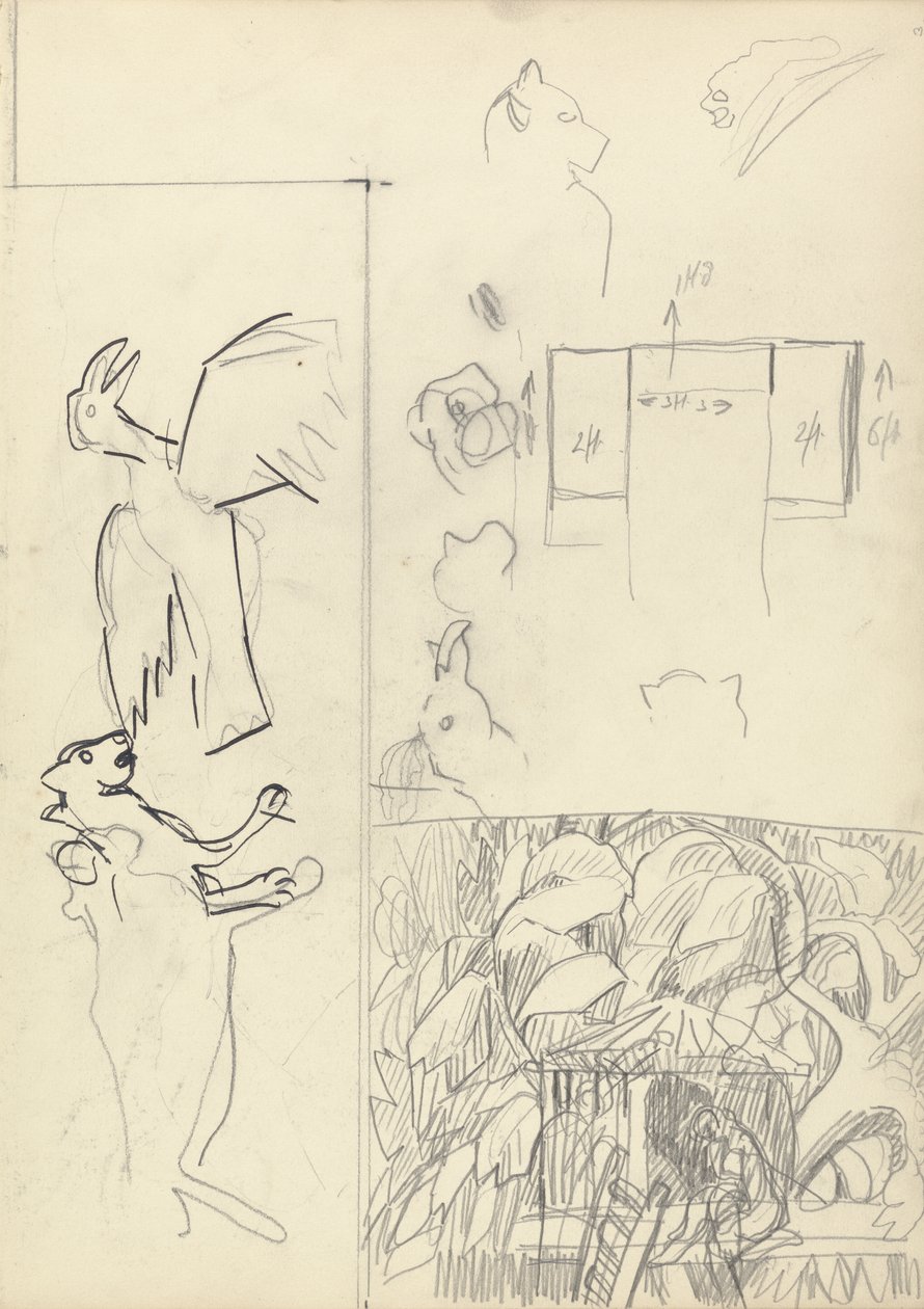 Studier av trehus, dyr og plantegning, for hulen til den gylne kalven (grafitt og svart blekk) (se 265066 for verso) av Spencer Frederick Gore