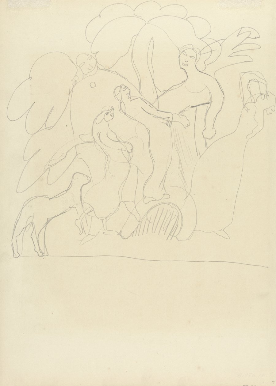 Studie av tilbedere og dansere med kalv, for hulen til gullkalven (grafitt) (se 265073 for verso) av Spencer Frederick Gore