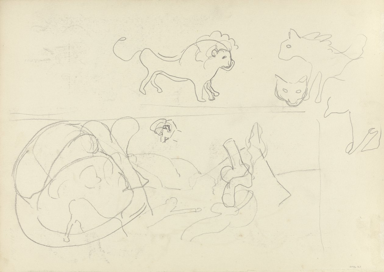 Study of a Animals, for the Cave of the Golden Calf (grafitt) (se 265065 for recto) av Spencer Frederick Gore