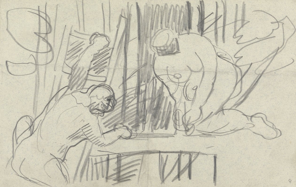 Studie av et trehus med primitive mennesker, for hulen til gullkalven (grafitt) (se 265076 for verso) av Spencer Frederick Gore