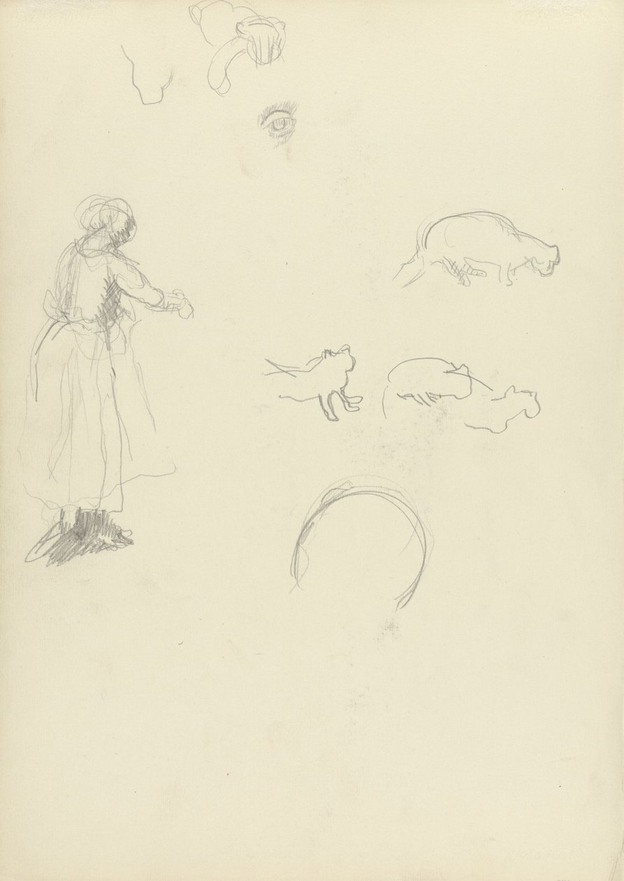 Studie av en kvinne og katter, for hulen til gullkalven (grafitt) (se 265062 for recto) av Spencer Frederick Gore