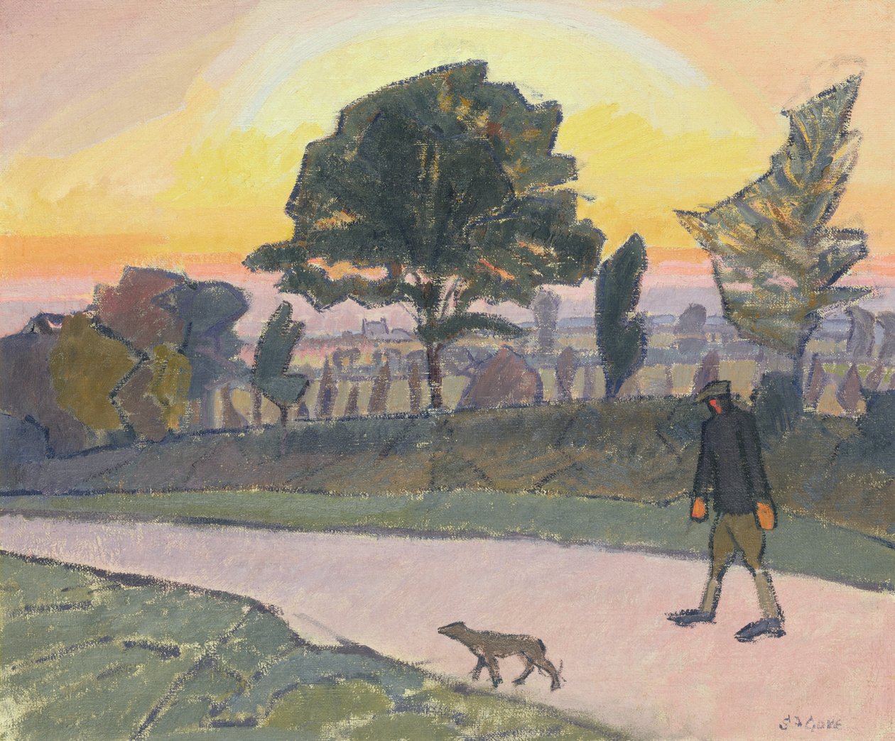 Sunset, Letchworth, med mann og hund, 1912 av Spencer Frederick Gore