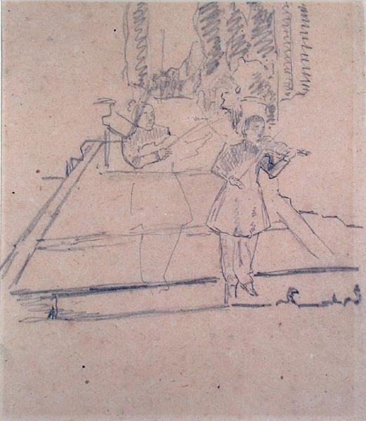 The Musicians at the Footlights, ca. 1910 (blyant på buff-papir) av Spencer Frederick Gore