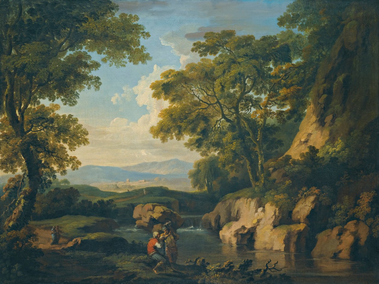 Et fjellaktig skogkledd landskap med figurer ved en elv i forgrunnen av George the Elder Barret