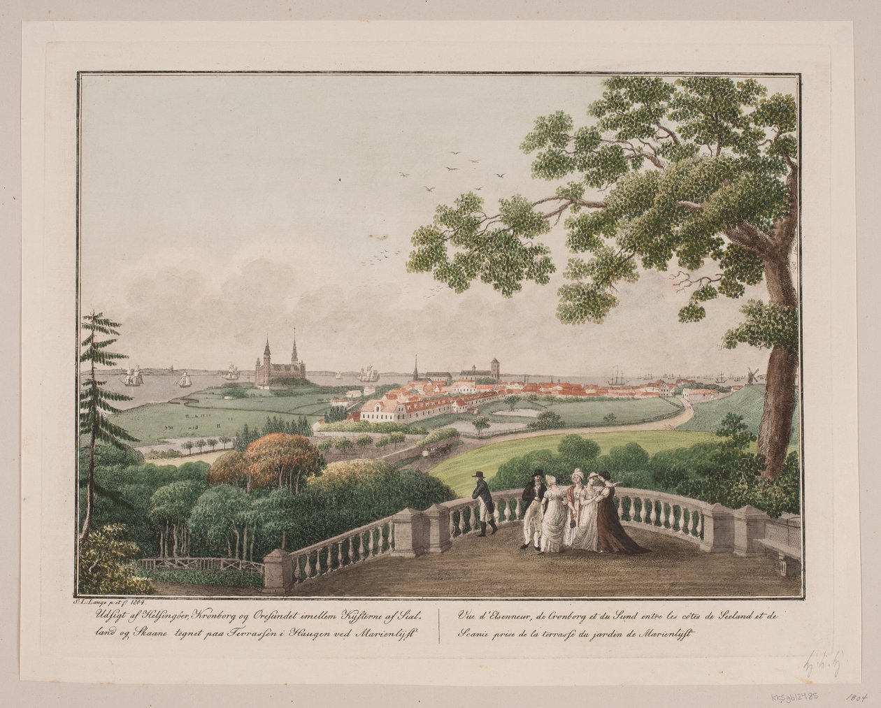 Utsikt over Helsingør, Kronborg og Øresund mellom kysten av Sjælland og Skåne. Skiltet på terrassen i henget på Marienlyst av Søren L. Lange