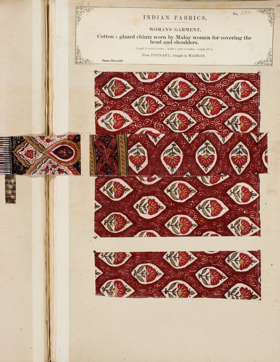 Bomullsglasert chintzprøve fra Poonary, kjøpt i Madras, fra The Collection of the Textile Manufacturers of India, av John Forbes Watson, utgitt i 1866 av Sri Lankan School