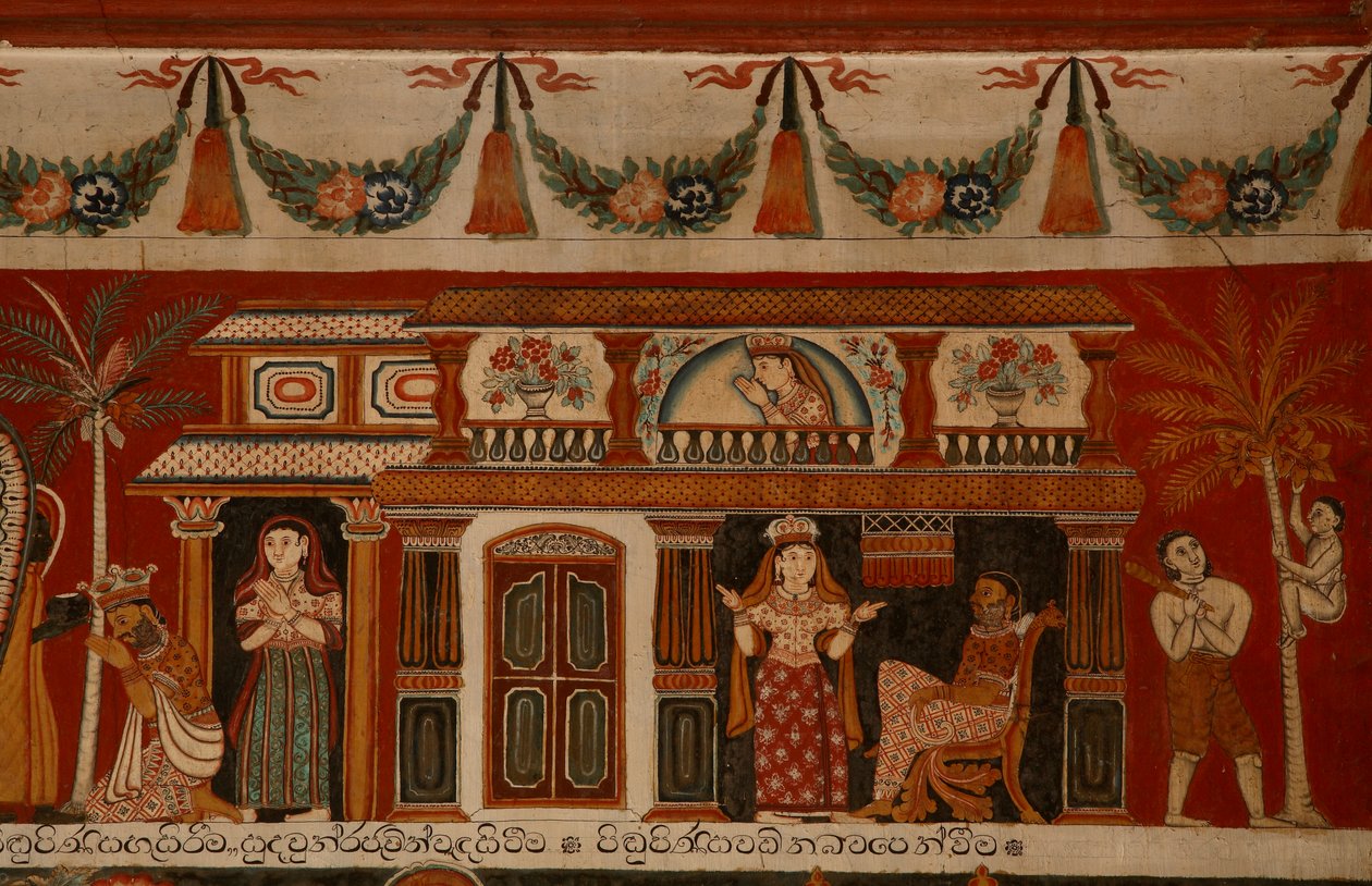 Veggmaleri som viser et singalesisk hus i Subodharama-tempelet, Dehiwala (veggmaleri) av Sri Lankan School