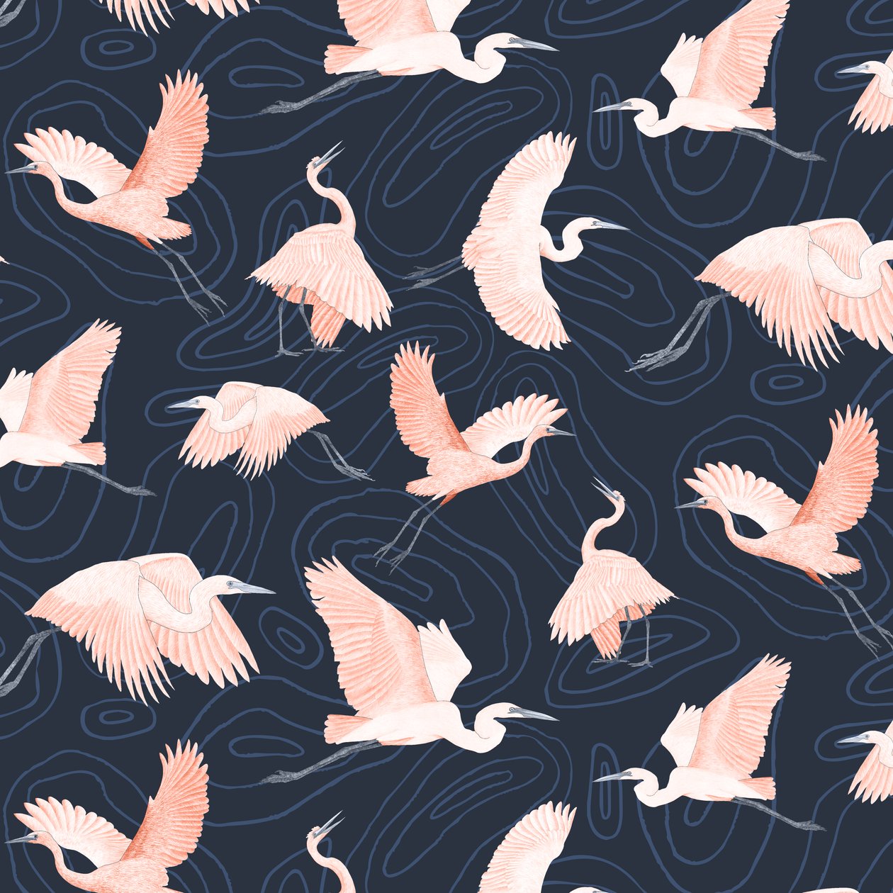 Egrets pattern I, 2022 (grafittblyant og digital) av Stacy Hsu