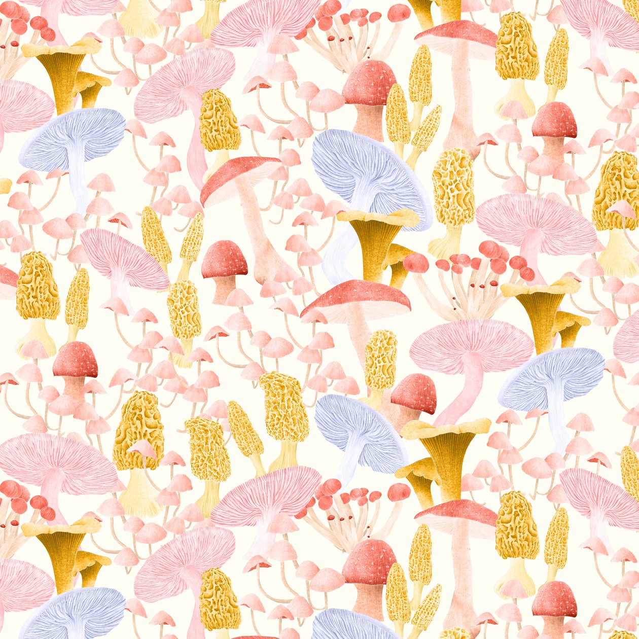 Mushroom medley mønster lys, 2022 (grafitt blyant og digital) av Stacy Hsu