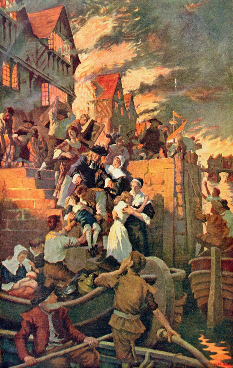 The Great Fire of London i 1666, illustrasjon fra Hutchinsons 'The Story of the British Nation', ca. 1920 (farge litho) av Stanhope Alexander Forbes