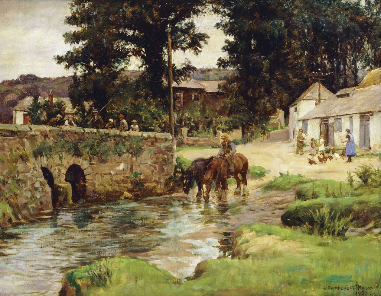 Vanning av hestene i landsbystrømmen av Stanhope Alexander Forbes