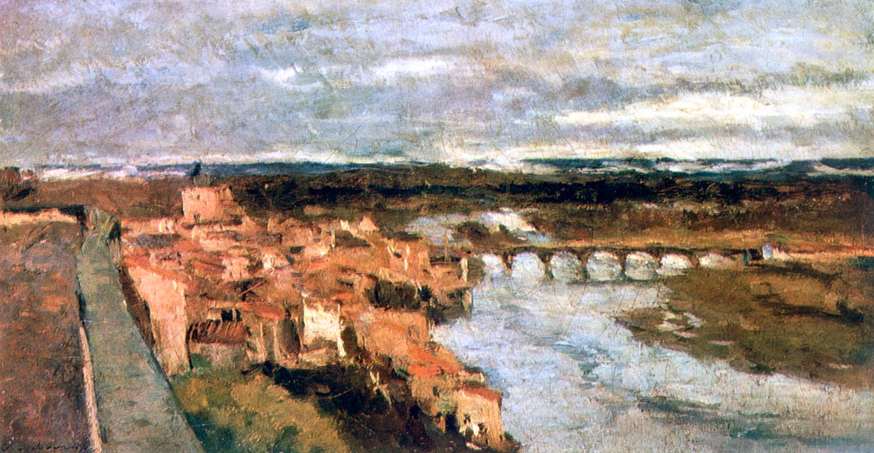 Landskap med landsby og bro, c1855-1892 av Stanislas Lepine