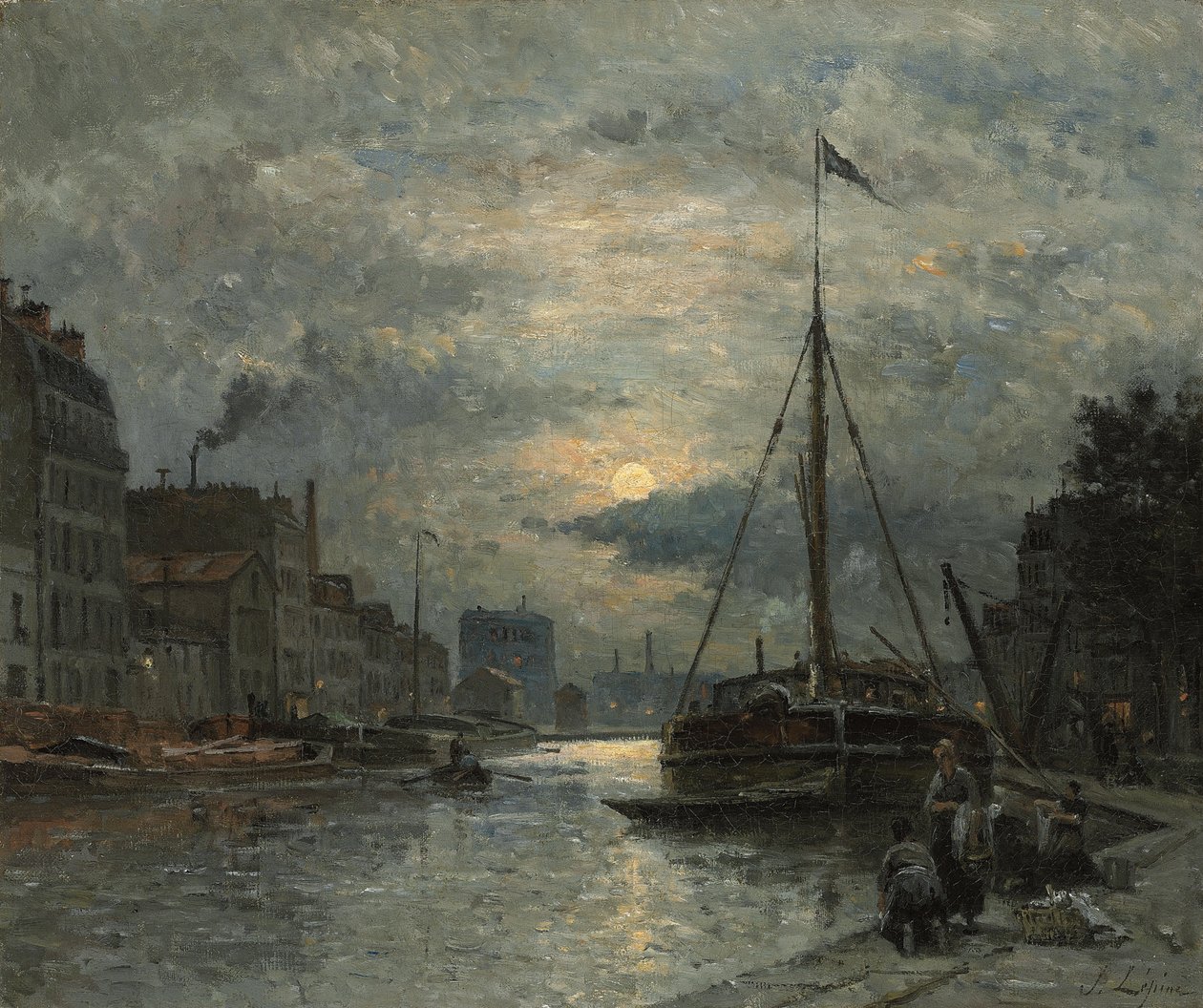Saint-Martin-kanalen ved måneskinn; Canal Saint-Martin ved Moonlight, av Stanislas Victor Edouard Lepine