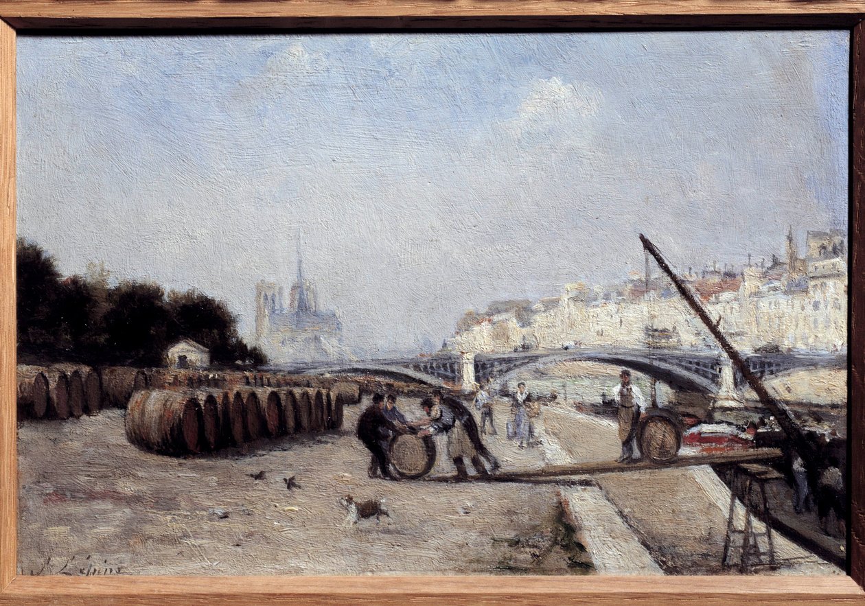 Seinen ved Sully Bridge, vinporten, Quai Saint Bernard. Maleri av Stanislas Lepine (1835-1892). 1882-1885. Dim. 0,15 x 0,23. Privat samling av Stanislas Victor Edouard Lepine