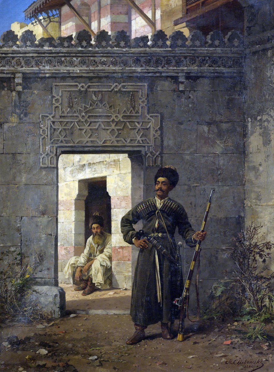 ""Les gardes tcherkesses"" (De sirkassiske vaktene) peinture de Stanislav Khlebovsky (Khlebovski) (1835-1884) - 1880 - Olje på lerret Dim 55,5x41,2 cm Privat samling av Stanislaus von Chlebowski