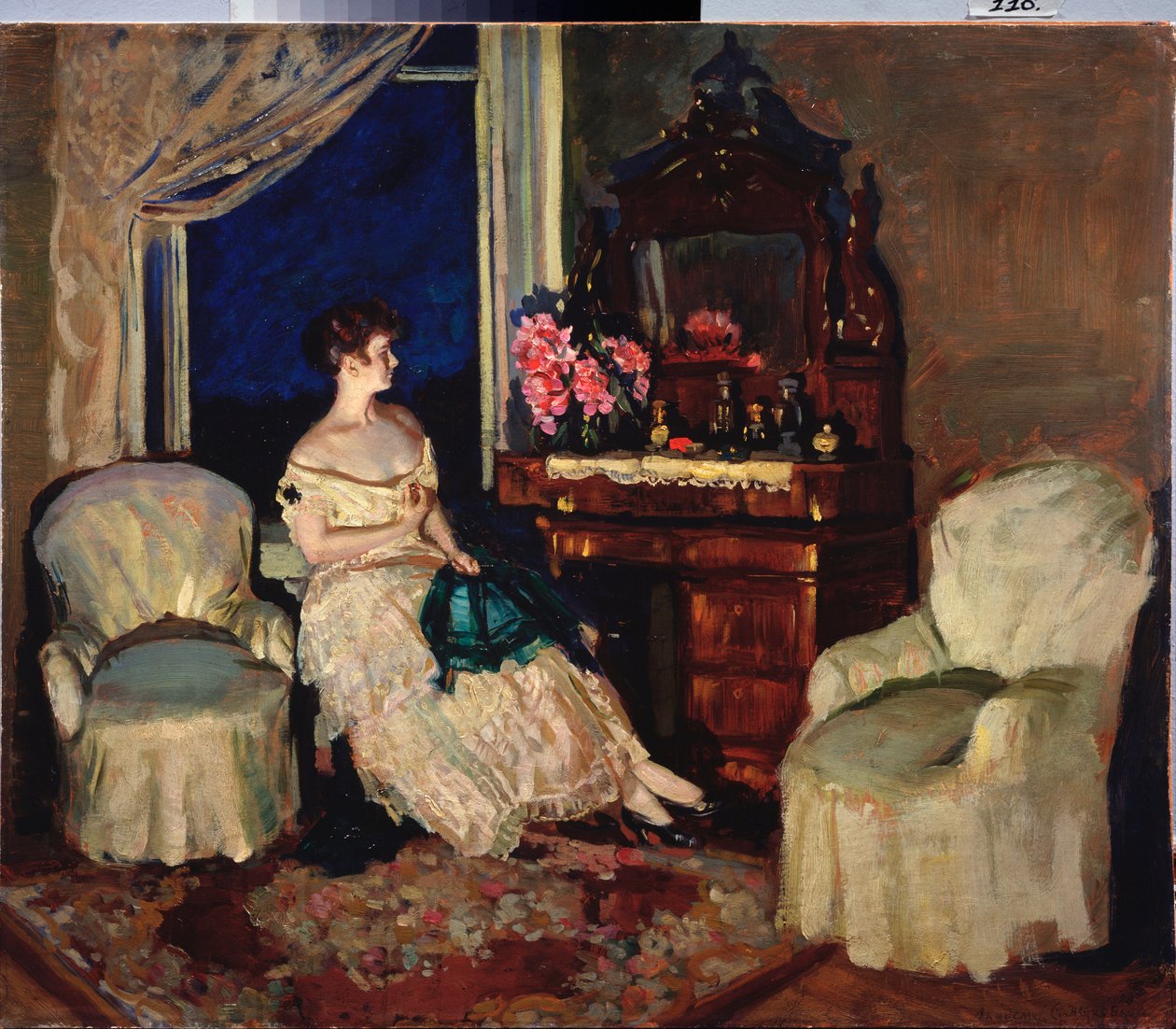 I rommet - Maleri av Stanislav Yulianovich Zhukovsky (Zhukovsky) (1873-1944), olje på lerret av Stanislav Joulianovitch Joukovski