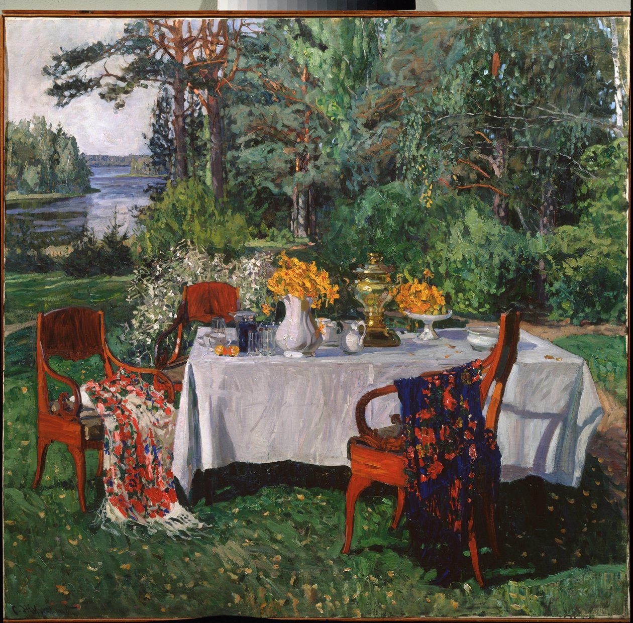 Foran terrassen. Maleri av Stanislav Yulianovich Zhukovsky (Zhukovsky) (1873-1944), olje på lerret av Stanislav Joulianovitch Joukovski