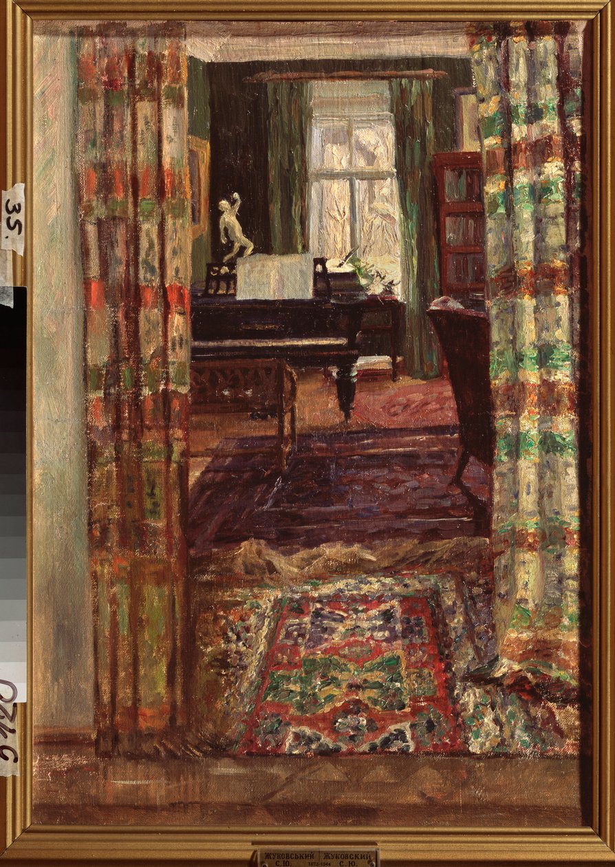 Interiør med flygel. Maleri av Stanislav Yulianovich Zhukovsky (Zhukovsky) (1873-1944), olje på lerret av Stanislav Joulianovitch Joukovski
