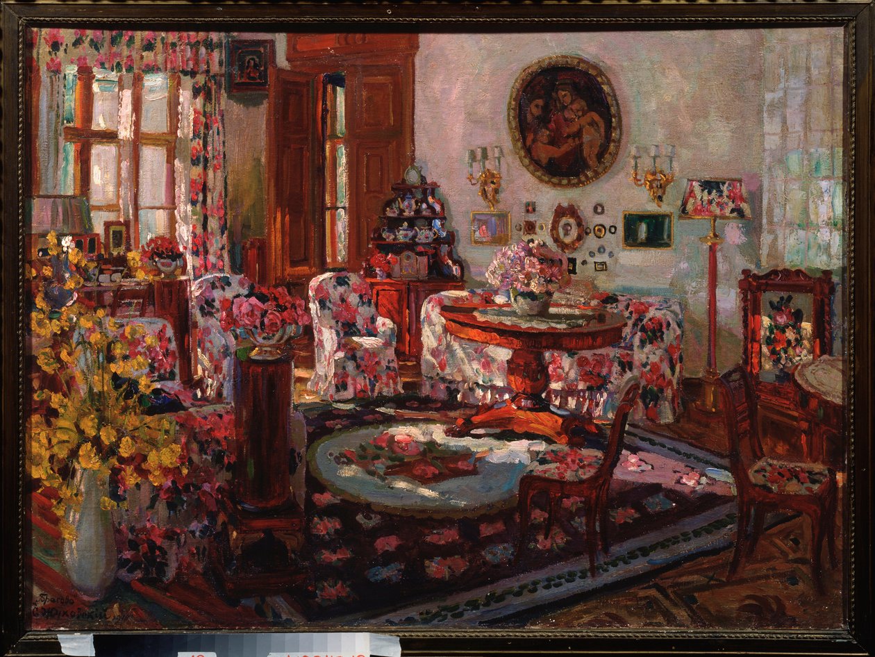 Interiøret i Brasovo herskapshus. Maleri av Stanislav Yulianovich Zhukovsky (Joukovski) (1873-1944), olje på lerret av Stanislav Joulianovitch Joukovski
