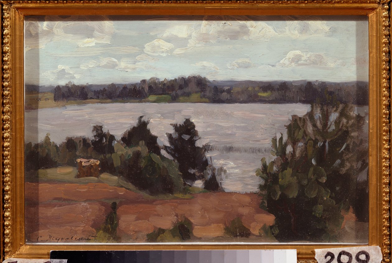 Ved bredden av innsjøen. Verk av Stanislav Yulianovich Zhukovsky (Zhukovsky) (1873-1944), olje på papp av Stanislav Joulianovitch Joukovski