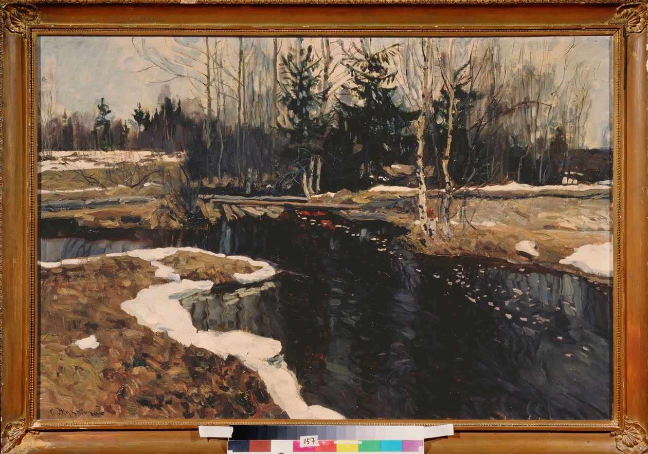 En vårbekk. Maleri av Stanislav Yulianovich Joukovski (Zhukovsky) (1873-1944), olje på tinn av Stanislav Joulianovitch Joukovski