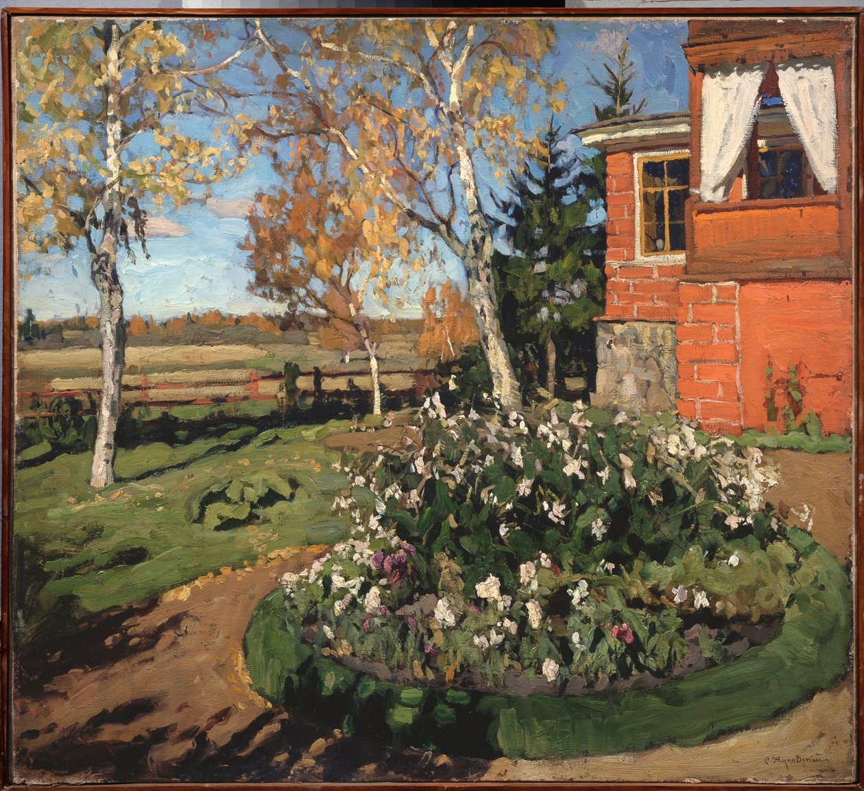 Et blomsterbed. (Foran et hus og et landlig landskap). Maleri av Stanislav Yulianovich Zhukovsky (Zhukovsky) (1873-1944), olje på lerret av Stanislav Joulianovitch Joukovski